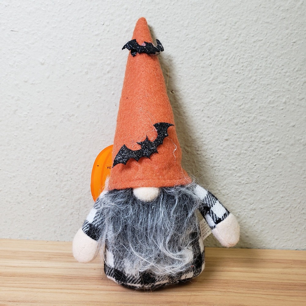 Halloween Gnome 8" Fall Decor Gingham Plaid Orange Black Bats Cutesy Festive NWT